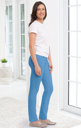 Model wearing Skinny Cool Blue PajamaJeans paired with a white t-shirt and flats. image number 2