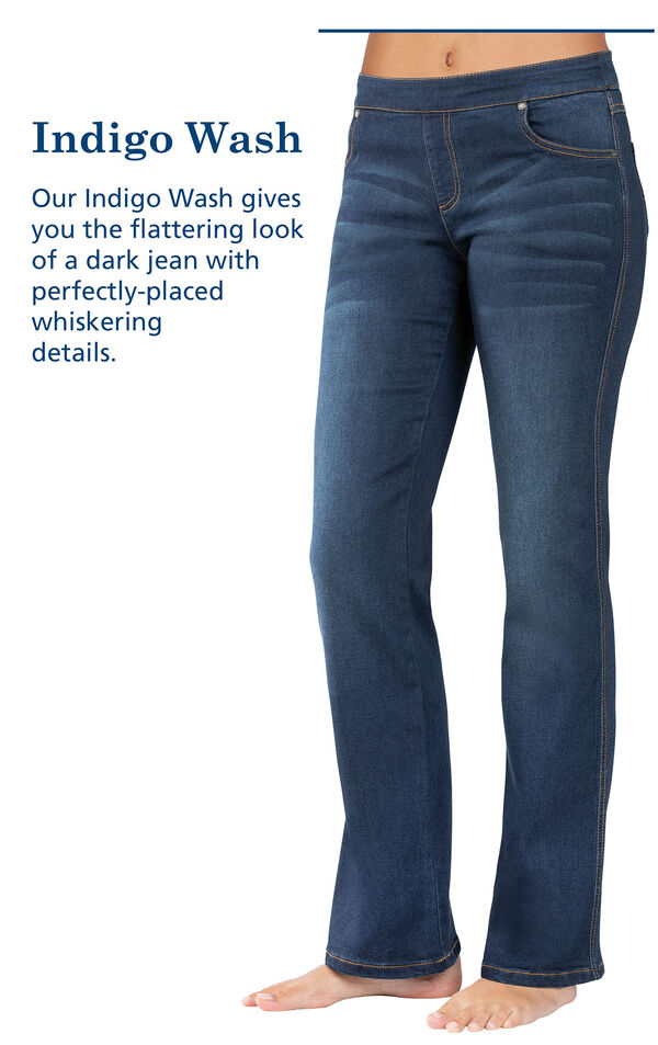 Indigo Wash with the following copy: Our Indigo Wash gives you the flattering look of a dark jean with the perfectly-placed whiskering details