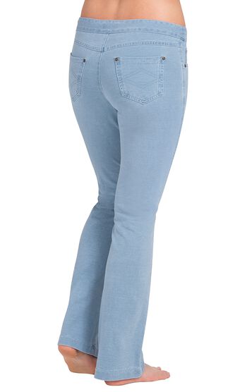 Model wearing PajamaJeans - Bootcut Clearwater Wash, facing away from the camera