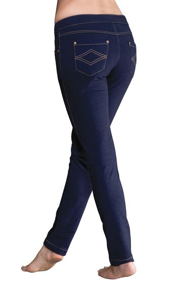 Model wearing PajamaJeans - Skinny Indigo, facing away from the camera