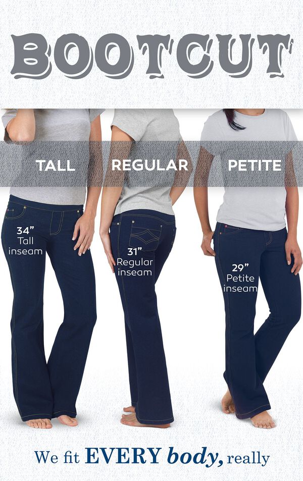 We fit EVERY body, really. Bootcut jeans have a 34" Tall inseam, 31" Regular inseam, and 29" Petite inseam. image number 5