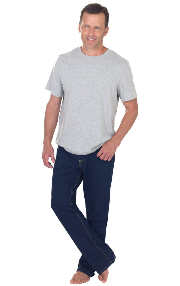 Model wearing Indigo PajamaJeans for Men paired with a Gray T-shirt image number 2