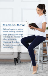 Model sitting on a stool wearing Skinny Indigo Freedom Jeans with the following copy: High-quality knit helps you skip the skimp of other activewear. Slimming detailing. As nice as your pull-on ponte slacks. image number 3