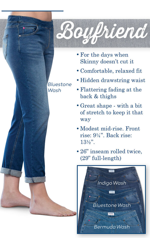 Boyfriend PajamaJeans feature a comfy, relaxed fit, hidden drawstring waist and flattering fading at the back and thighs. Modest mid-rise; Front rise: 9.25'', Back rise: 13.5''. Inseam: 26'' rolled twice (29'' full length) image number 3
