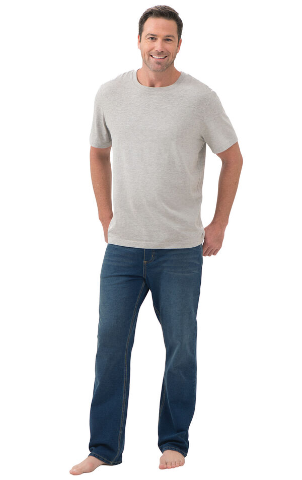 Model wearing Vintage Wash PajamaJeans for Men paired with a gray short-sleeve t-shirt