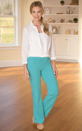 Model wearing Bootcut Aqua PajamaJeans paired with tan flats and a White button-up blouse image number 3