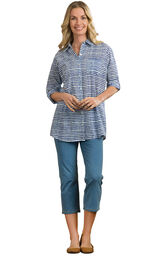 Model wearing Bermuda Wash Capris paired with yellow flats and a navy and white button-up blouse image number 2