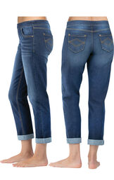 Model wearing PajamaJeans - Boyfriend Indigo Wash, facing away from the camera and then to the side image number 1
