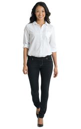 Model wearing Skinny Black PajamaJeans paired with black flats and a White blouse. image number 2