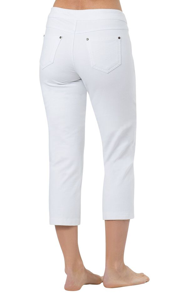 Model wearing PajamaJeans Capris - White, facing away from the camera