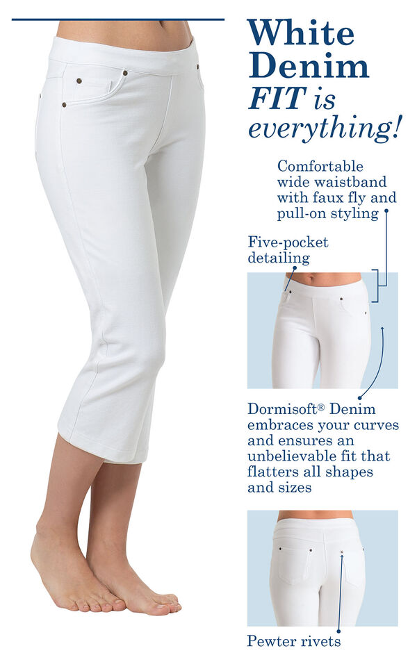 White Denim, Fit is everything! Comfortable wide waistband with faux fly and pull-on styling, Five pocket detailing, Dormisoft Denim embraces your curves and ensures an unbelievable fit that flatters all shapes and sizes, Pewter rivets. image number 2