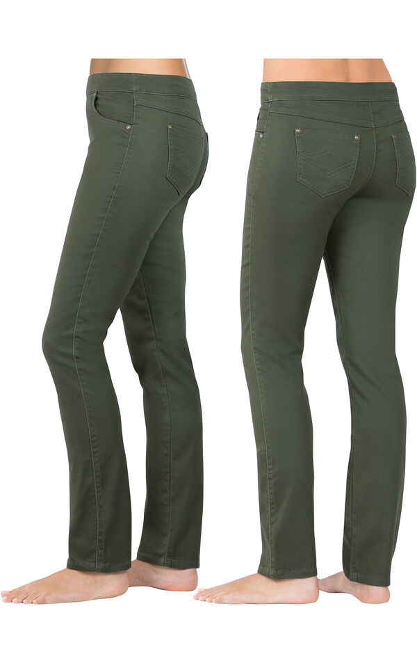 Model wearing PajamaJeans - Skinny Olive, facing away from the camera and then to the side image number 1