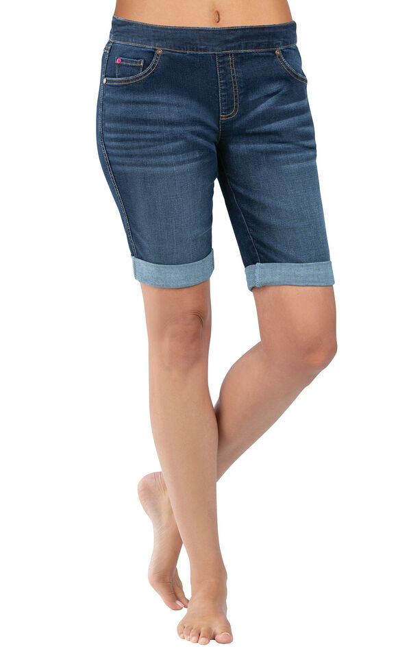 Model wearing PajamaJeans Bermuda Shorts - Indigo Wash image number 1