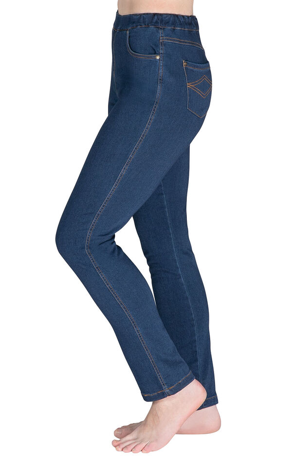 Model wearing PajamaJeans - High-Waist Skinny Bluestone Wash facing away from the camera, displaying the side of the jeans image number 2