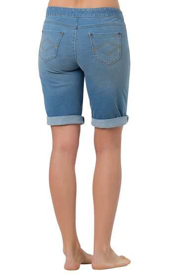 Model wearing PajamaJeans Bermuda Shorts - Bermuda Wash, facing away from the camera