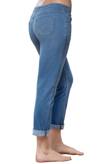 Model wearing PajamaJeans - Boyfriend Bermuda Wash, facing away from the camera